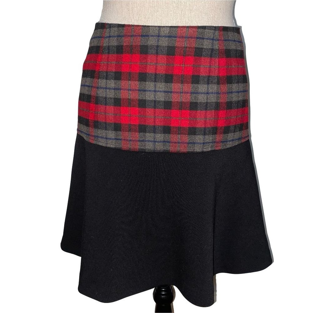 Patrizia Luca trumpet fit & flare tartan plaid red & black skirt size Small 4-6